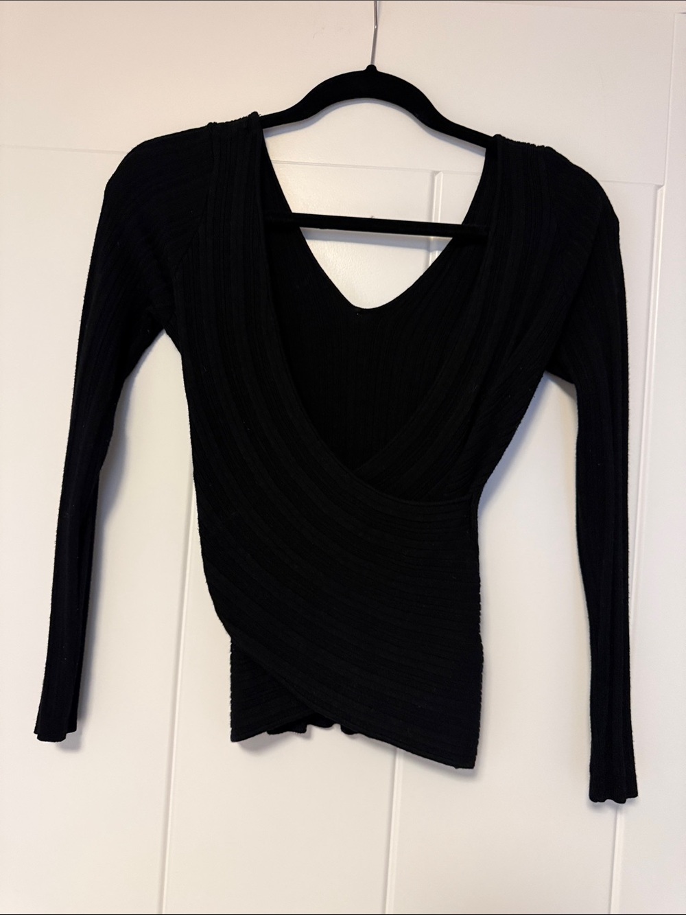 Guess Black Wrap-Style Ribbed Long-Sleeve Sweater